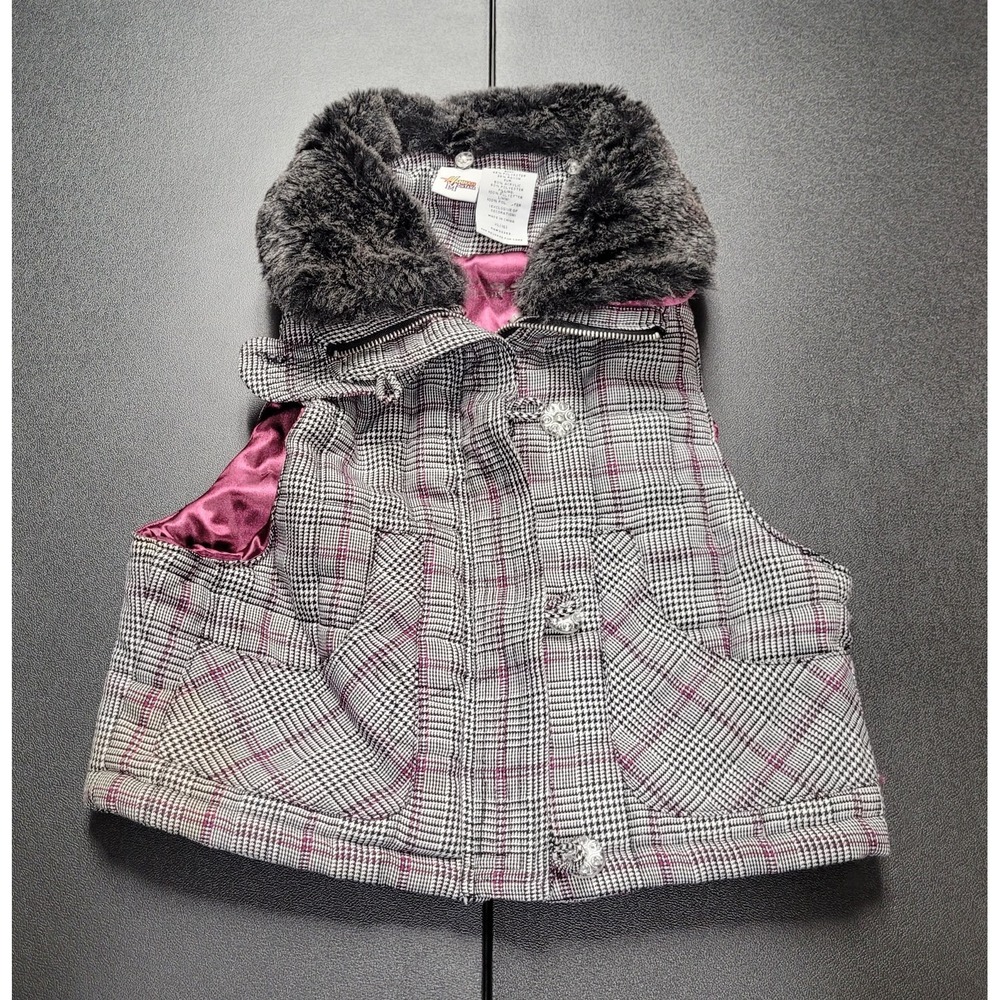 Girl's Hannah Montana Vest Plaid Black White Pink Faux Fur Collar Size XL (16)